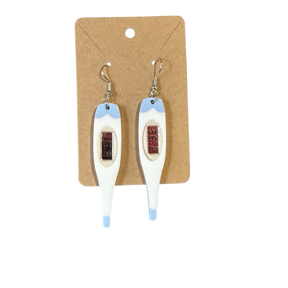 Handmade Digital Thermometer Drop Earrings Blue White‎ Medical Nurse Gift Quirky